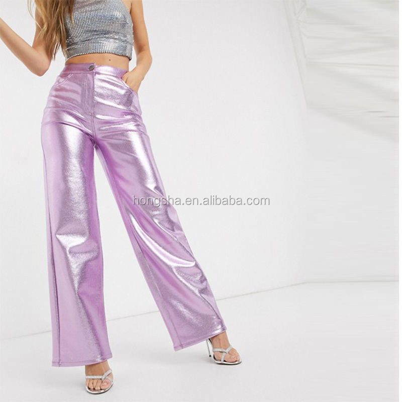 Women y2k clothing High Rise Smooth Faux Leather Pants Ladies Metallic PU Wide Leg Trouser