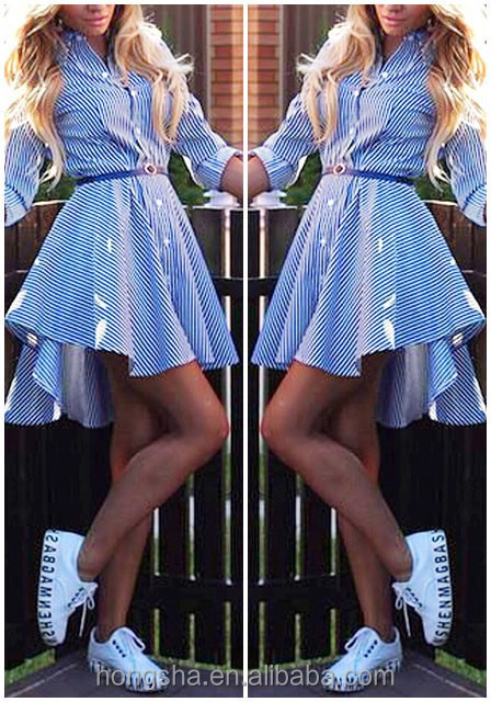 Latest fashion names of ladies dresses for 80s blue printed stripe shirt skate dress HSd7063