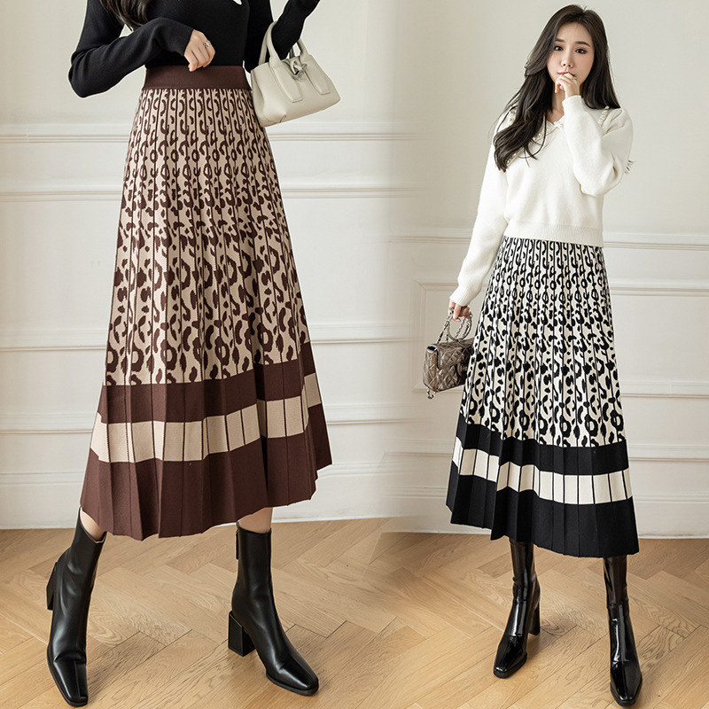 women autumn winter e elastic high waist  long knitted pleated maxi A line swing sweater skirt