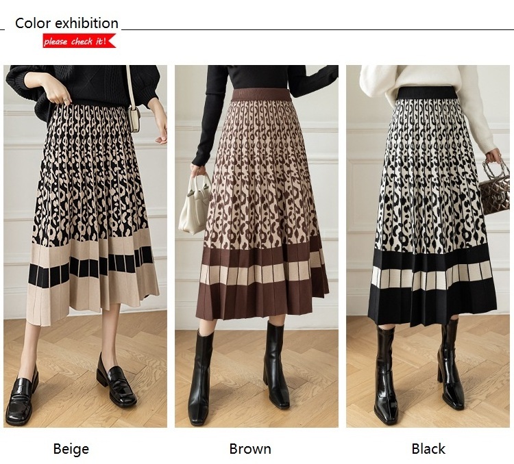 women autumn winter e elastic high waist  long knitted pleated maxi A line swing sweater skirt