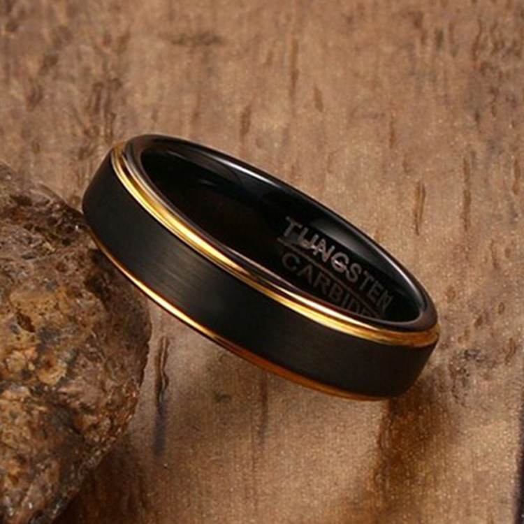 Cool Black and Gold-Color Tungsten Ring for Men Jewelry 6MM Black Tungsten Carbide Ring