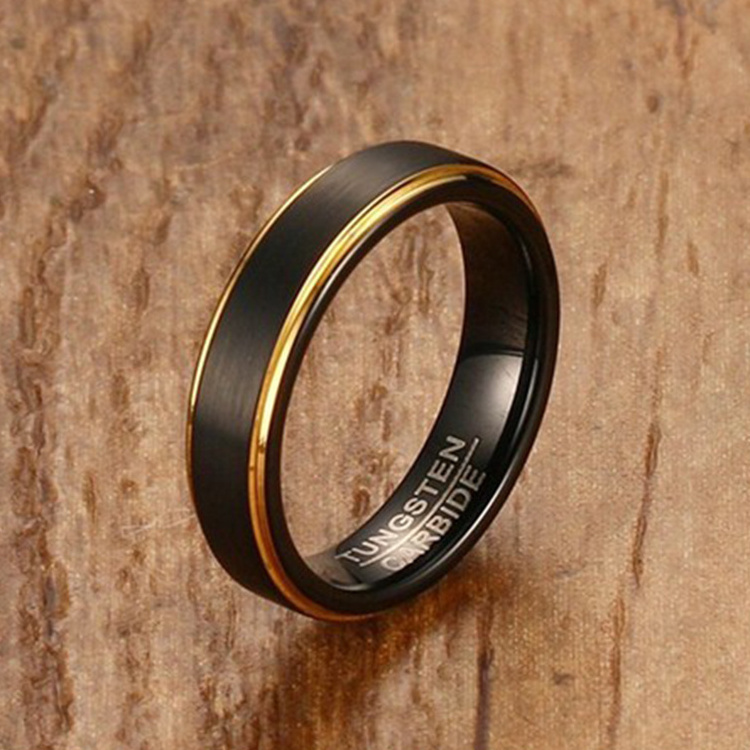 Cool Black and Gold-Color Tungsten Ring for Men Jewelry 6MM Black Tungsten Carbide Ring