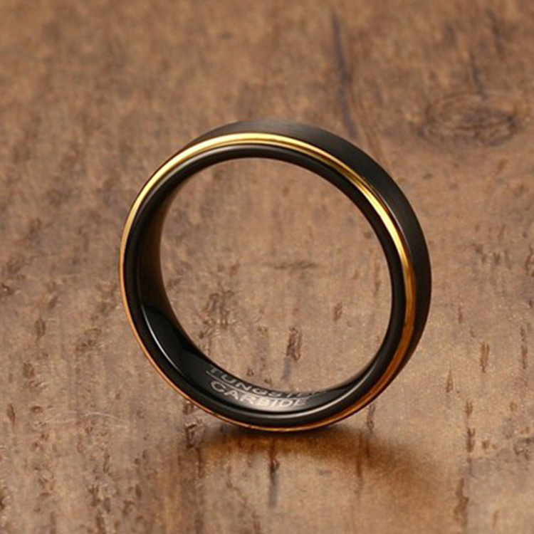 Cool Black and Gold-Color Tungsten Ring for Men Jewelry 6MM Black Tungsten Carbide Ring