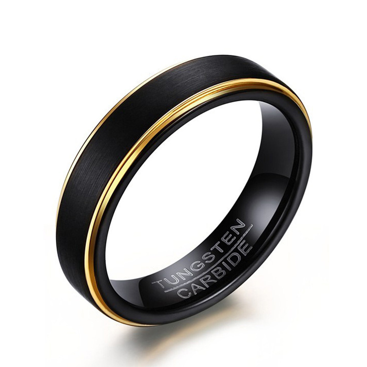 Cool Black and Gold-Color Tungsten Ring for Men Jewelry 6MM Black Tungsten Carbide Ring