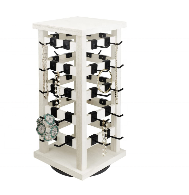 Natural Wood Jewelry Revolving Display with 42 Hooks, Wooden Hanging Accessory Tower, Washed White