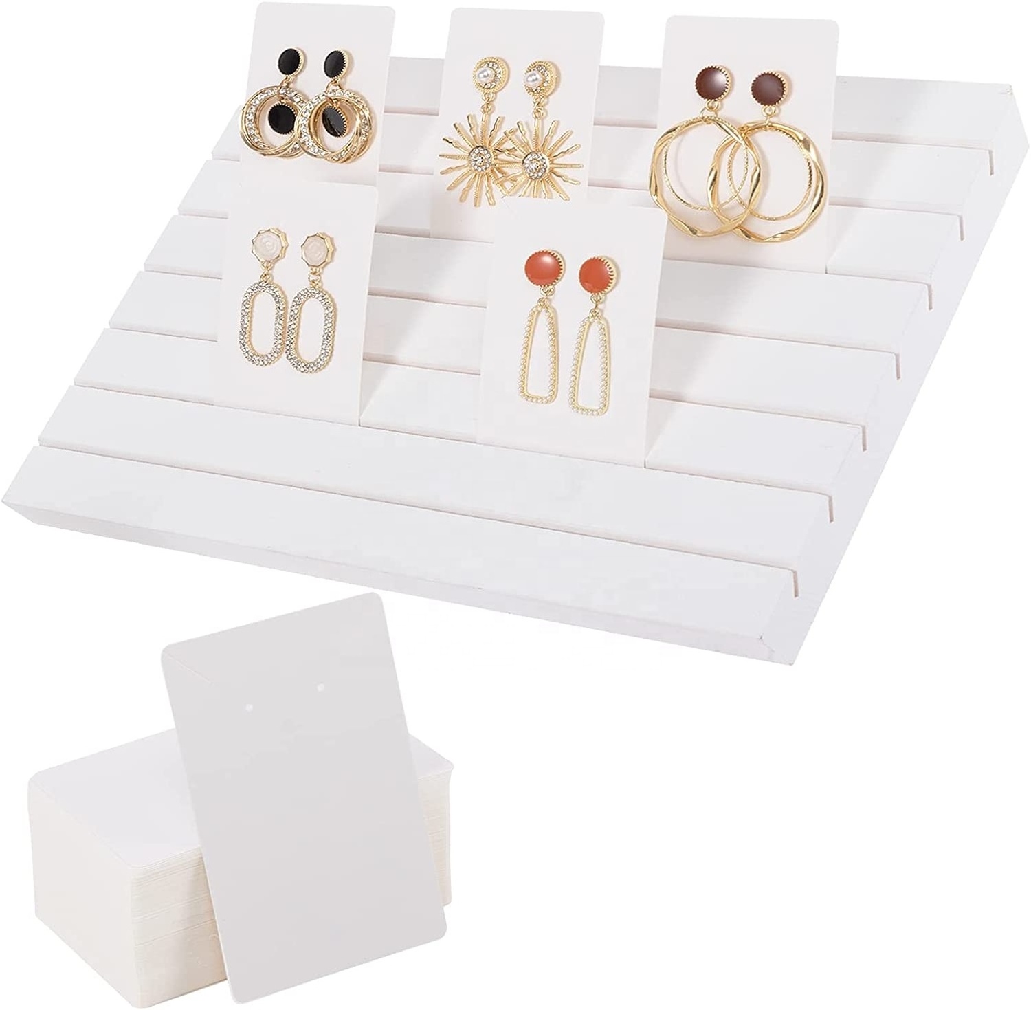 Earring Stand Display Rack - 7 Groove Storage for Jewelry Display Business Card Holder (Wooden White)