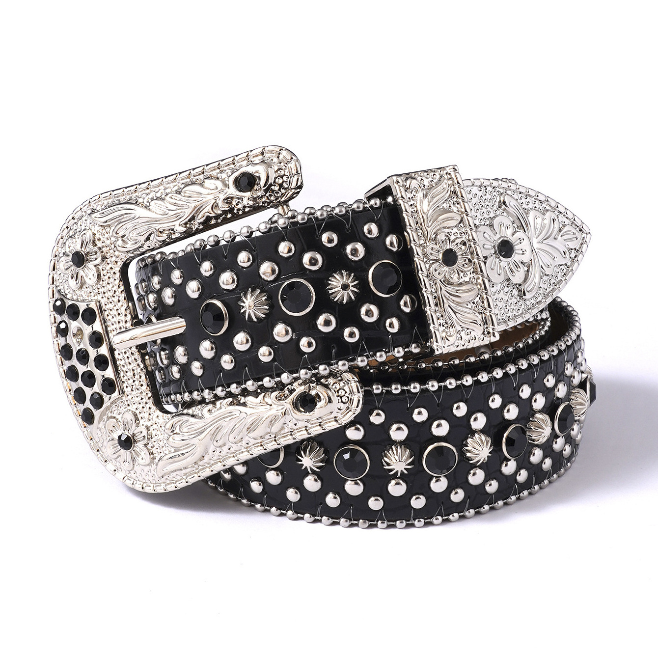 custom Luxury crystal rhinestone women design diamante belts unisex studded western buckle BB simon PU leather belt