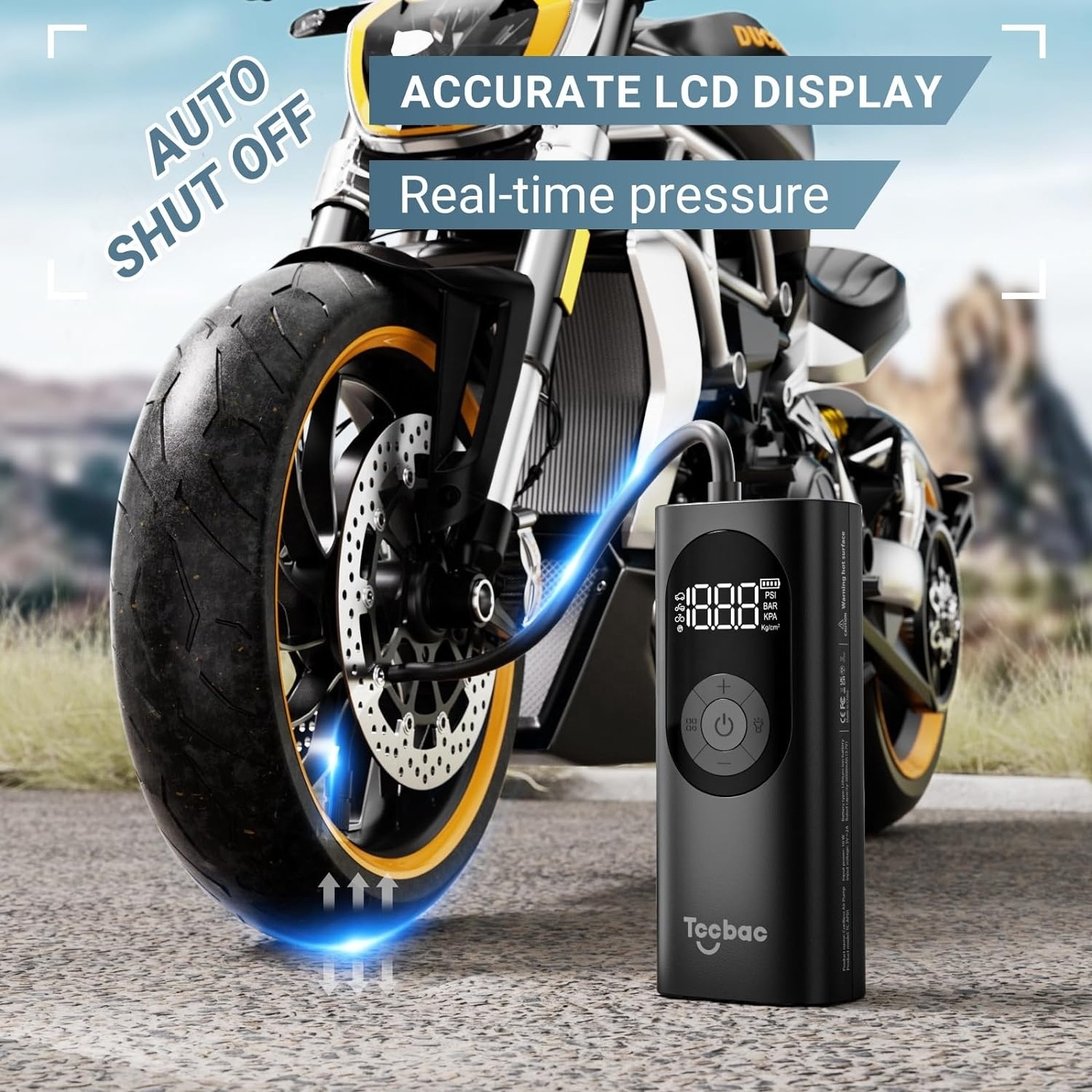 TCCBAC Motorcycle Mini Air Compressor Emergency Light Electric Silent Digital Cordless Tire Inflators Car Pump