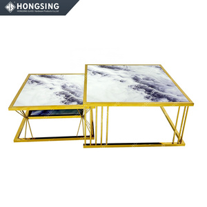 Modern Stainless Steel Coffee Table Set UV Printed Glass Mirror Coffee Table Metal Stainless Steel Frame