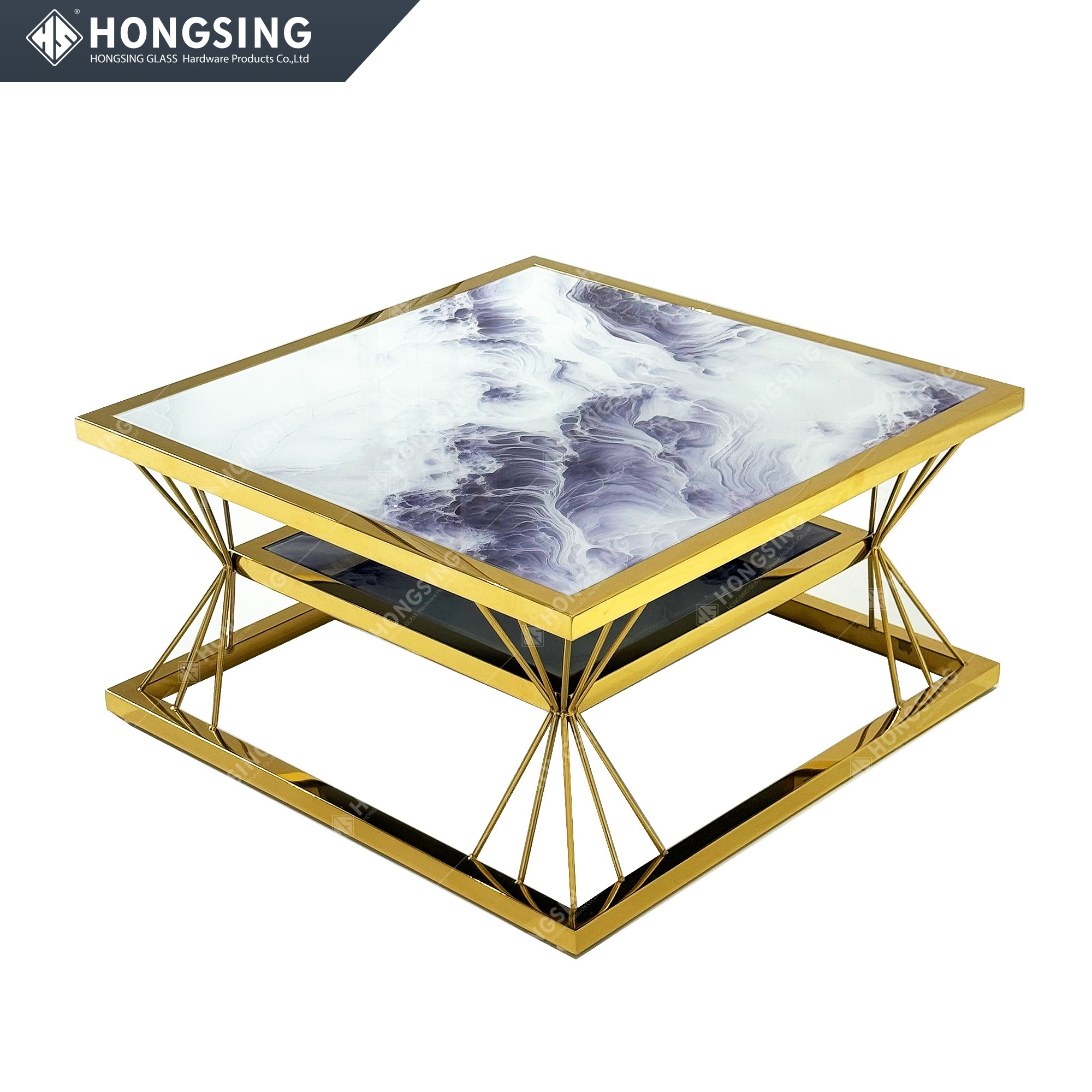 Modern Stainless Steel Coffee Table Set UV Printed Glass Mirror Coffee Table Metal Stainless Steel Frame