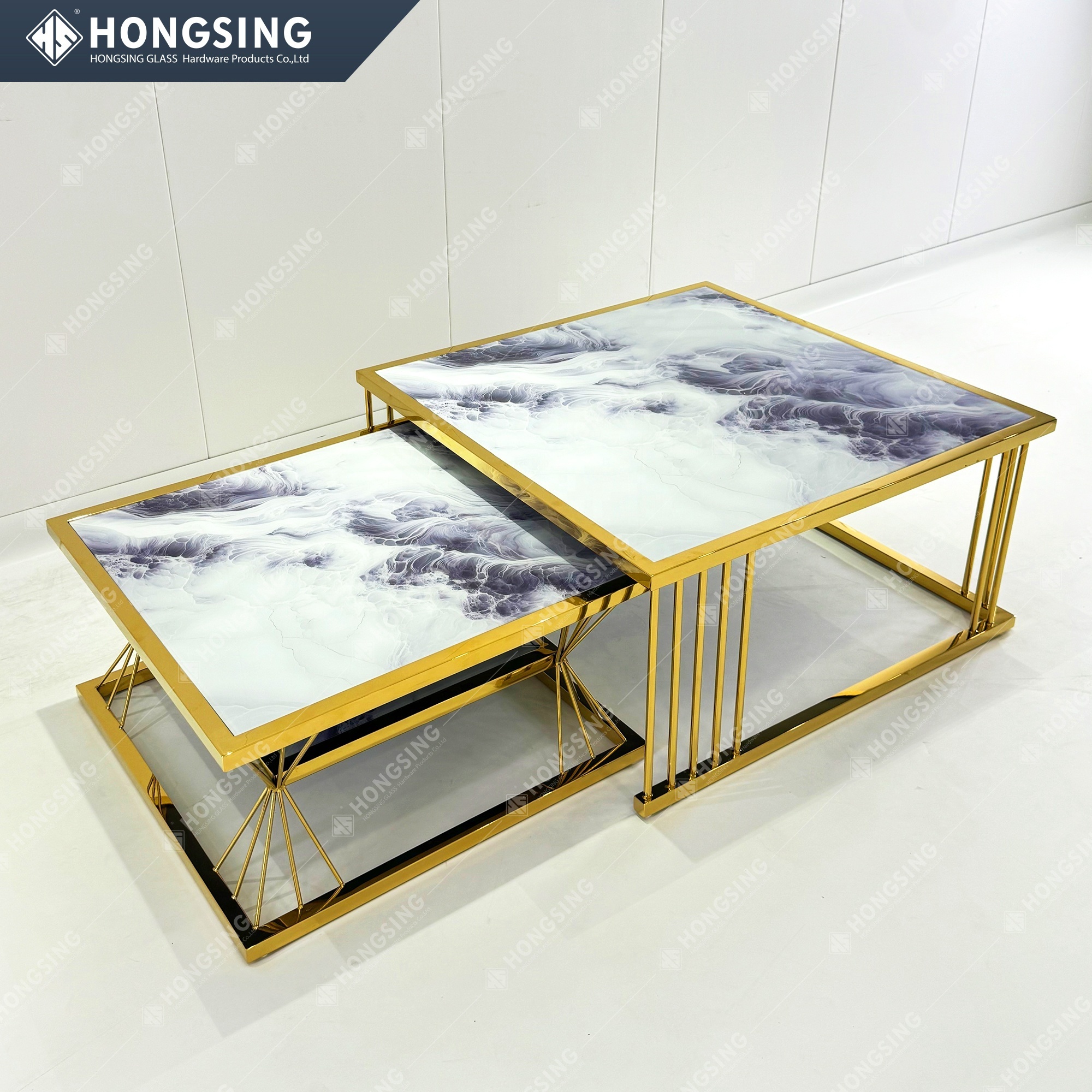 Modern Stainless Steel Coffee Table Set UV Printed Glass Mirror Coffee Table Metal Stainless Steel Frame