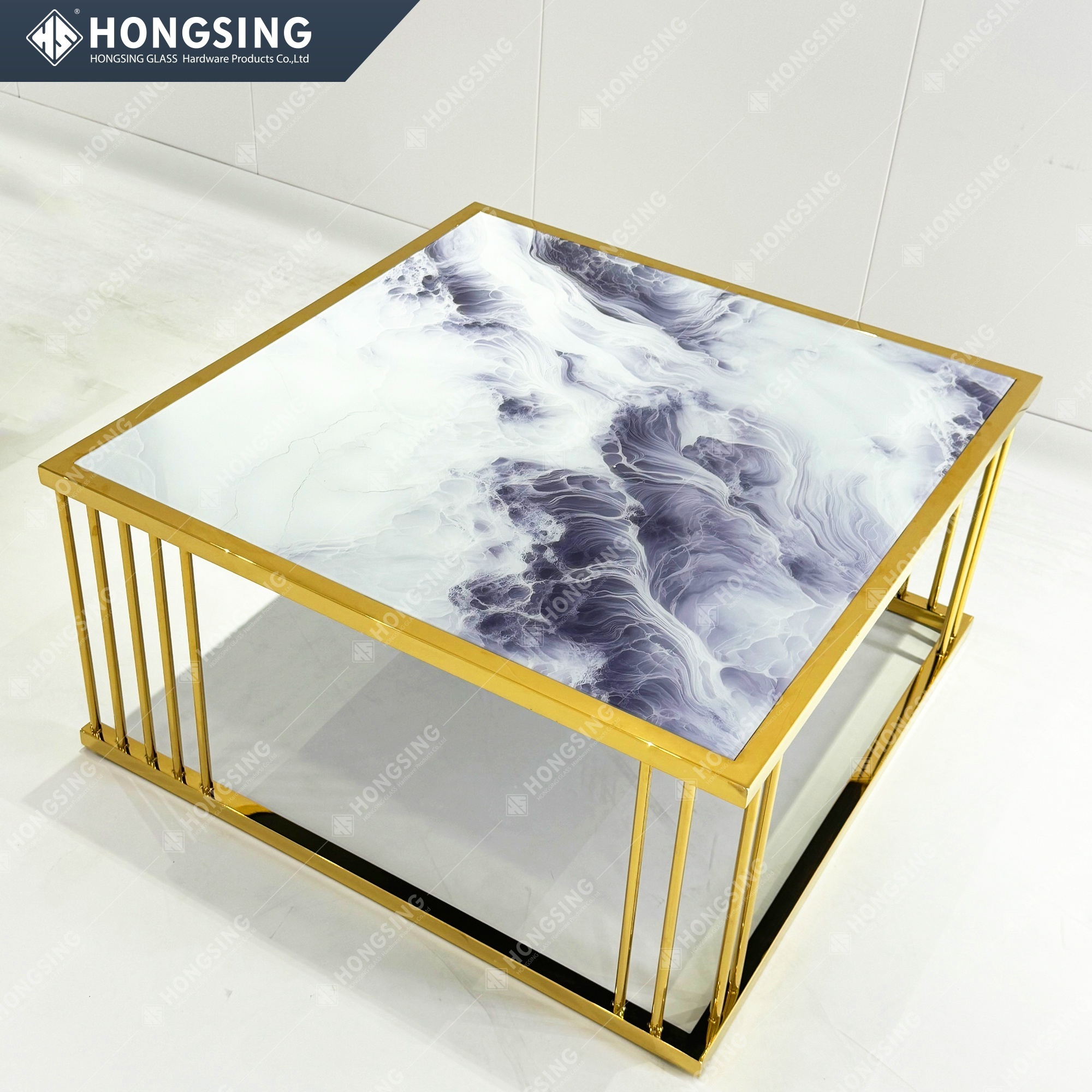 Modern Stainless Steel Coffee Table Set UV Printed Glass Mirror Coffee Table Metal Stainless Steel Frame