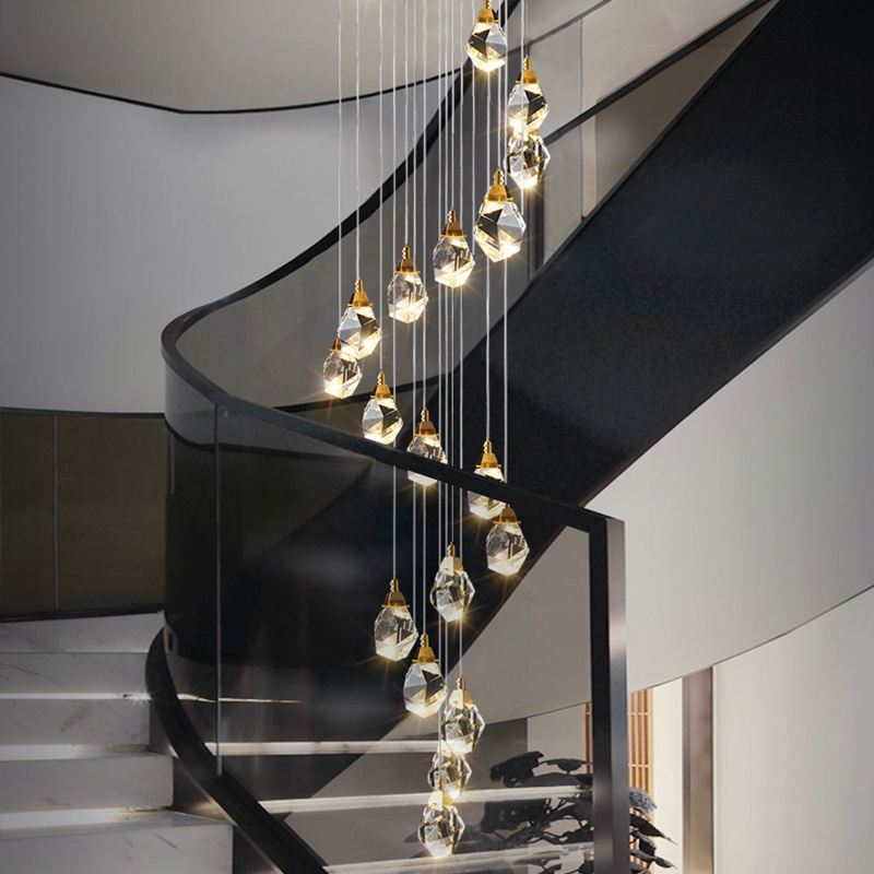 Nordic design k9 crystal long spiral chandelier luxury antique rock crystal chandelier lights for foyer hall stair living room