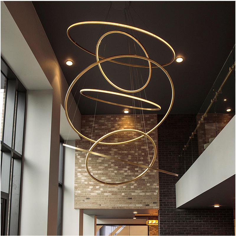 Nordic style modern aluminium pedant light luxury LED large ring staircase chandelier for foyer living room entryway  hall