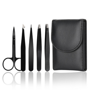 Custom 3pcs 4pcs 5pcs  Stainless Steel Black  Eyelash  Trimmer Eyebrow Tweezers Set with scissors