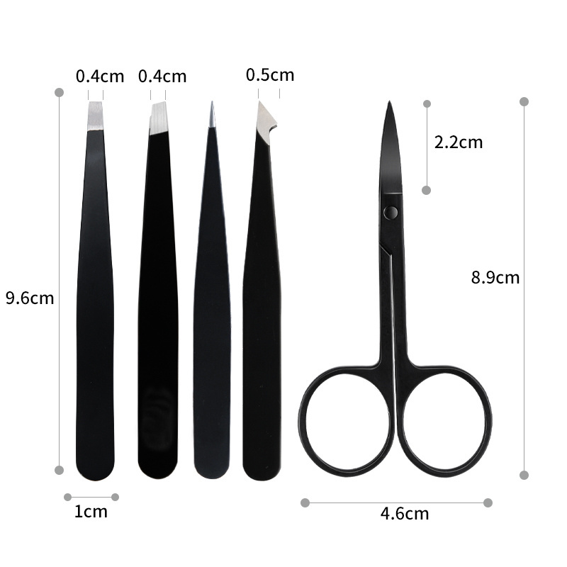 Custom 3pcs 4pcs 5pcs  Stainless Steel Black  Eyelash  Trimmer Eyebrow Tweezers Set with scissors