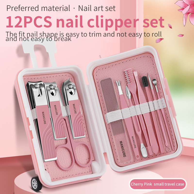 12PCS Professional Portable Manicure & Pedicure Kit Stainless Steel Grooming Set with Nail Clipper Suitcase  for Women Men