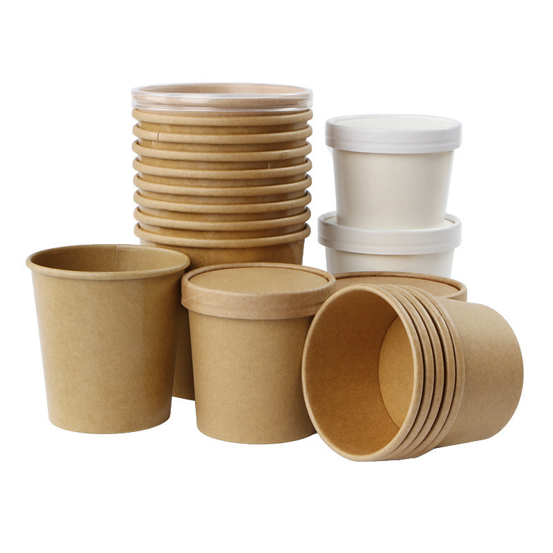 Brown paper soup cups wholesale takeaway soup bowls disposable hot drinks cups with a cover soup bucket