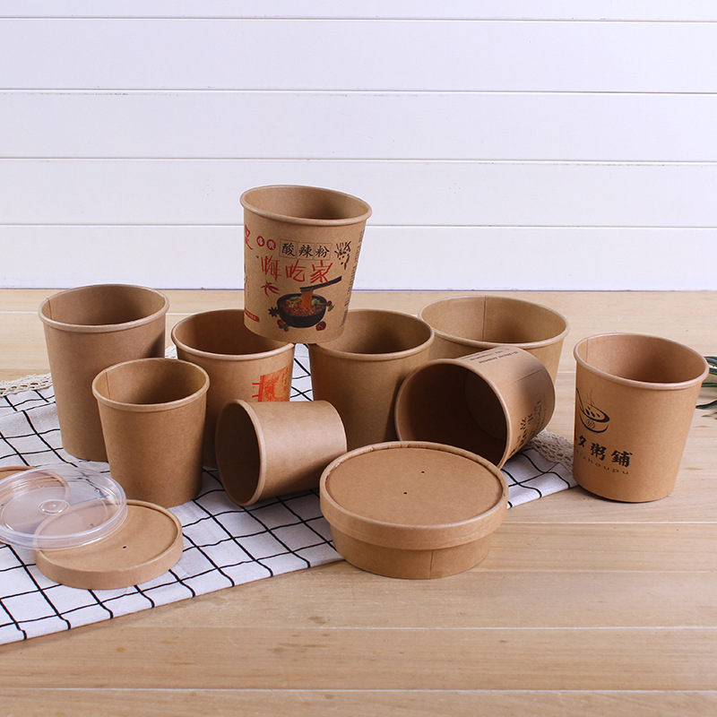 Brown paper soup cups wholesale takeaway soup bowls disposable hot drinks cups with a cover soup bucket