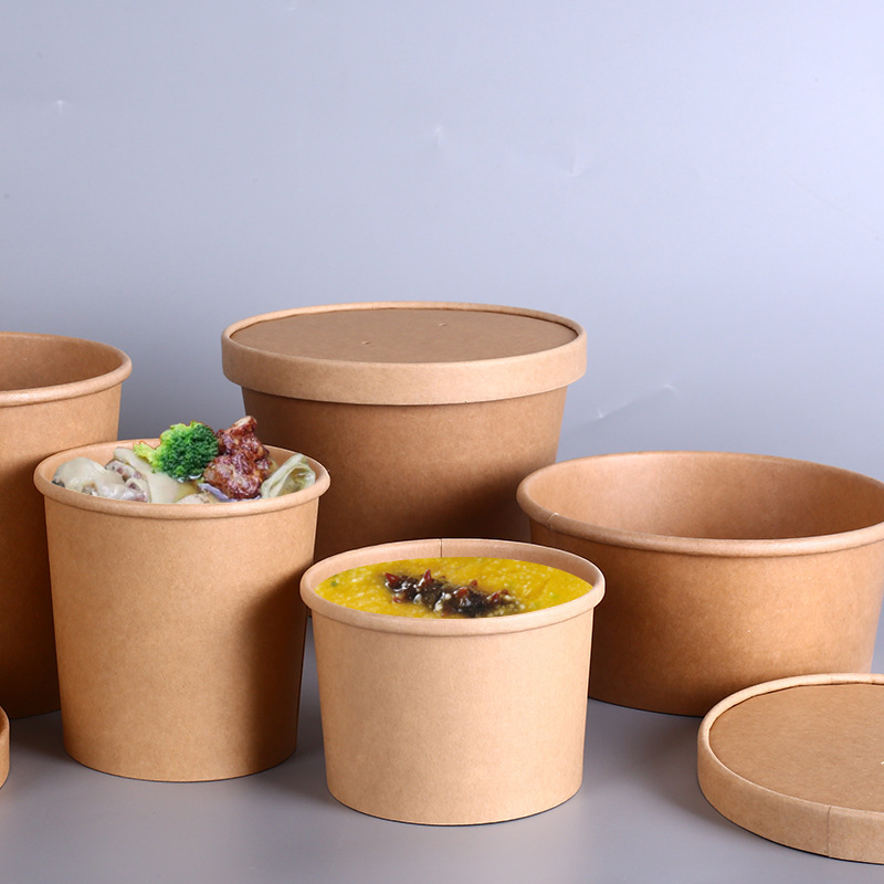 Brown paper soup cups wholesale takeaway soup bowls disposable hot drinks cups with a cover soup bucket