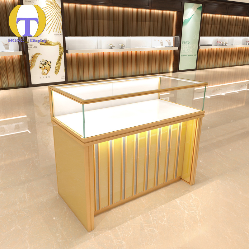 Luxury led strip light design metal gold glass display showcase modern jewelry kiosks for mall sale Pearl display case