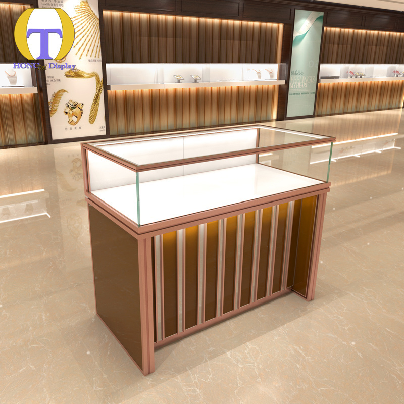 Luxury led strip light design metal gold glass display showcase modern jewelry kiosks for mall sale Pearl display case