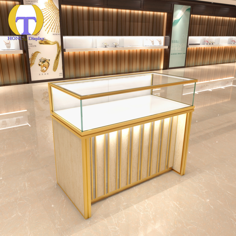 Luxury led strip light design metal gold glass display showcase modern jewelry kiosks for mall sale Pearl display case