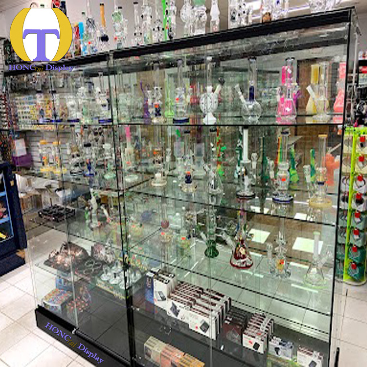 Modern Design Wide LED Display Cases Durable Shelf Counter Frameless Tempered Glass Construction Smoking Shop Fixture