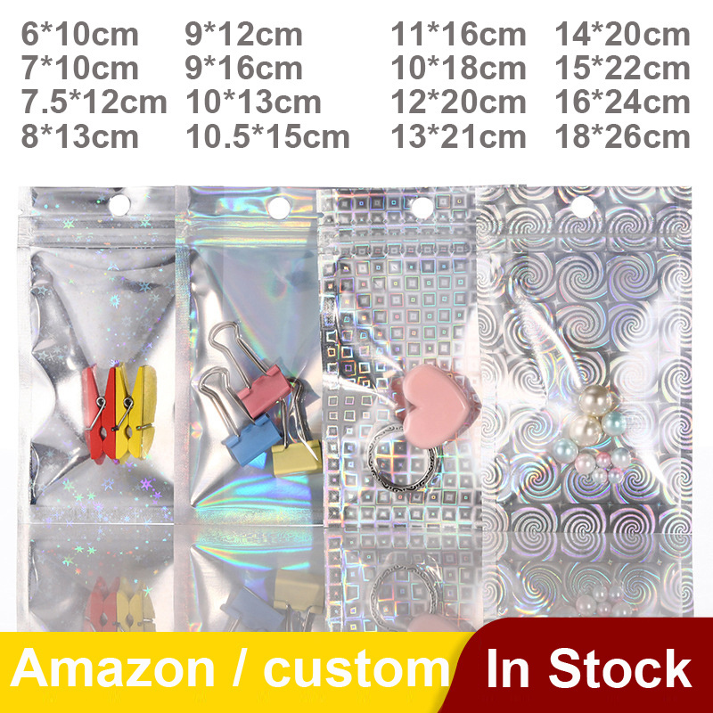 100pcs Custom Logo Small Resealable Holographic Bopp Packaging Zip lock Transparent Plastic Bag With Logo Zipper For Packaging