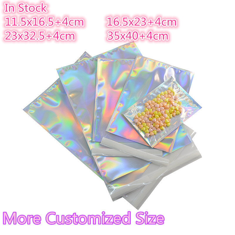 100pcs Custom Logo Small Resealable Holographic Bopp Packaging Zip lock Transparent Plastic Bag With Logo Zipper For Packaging