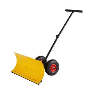 Blade rolling snow pusher shovel with wheels and adjustable handle