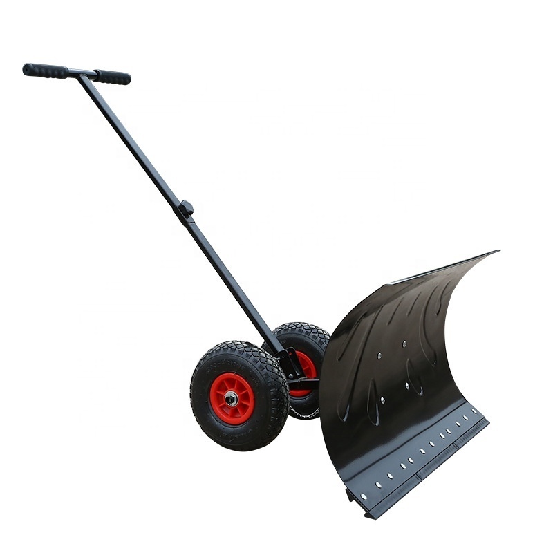 Blade rolling snow pusher shovel with wheels and adjustable handle