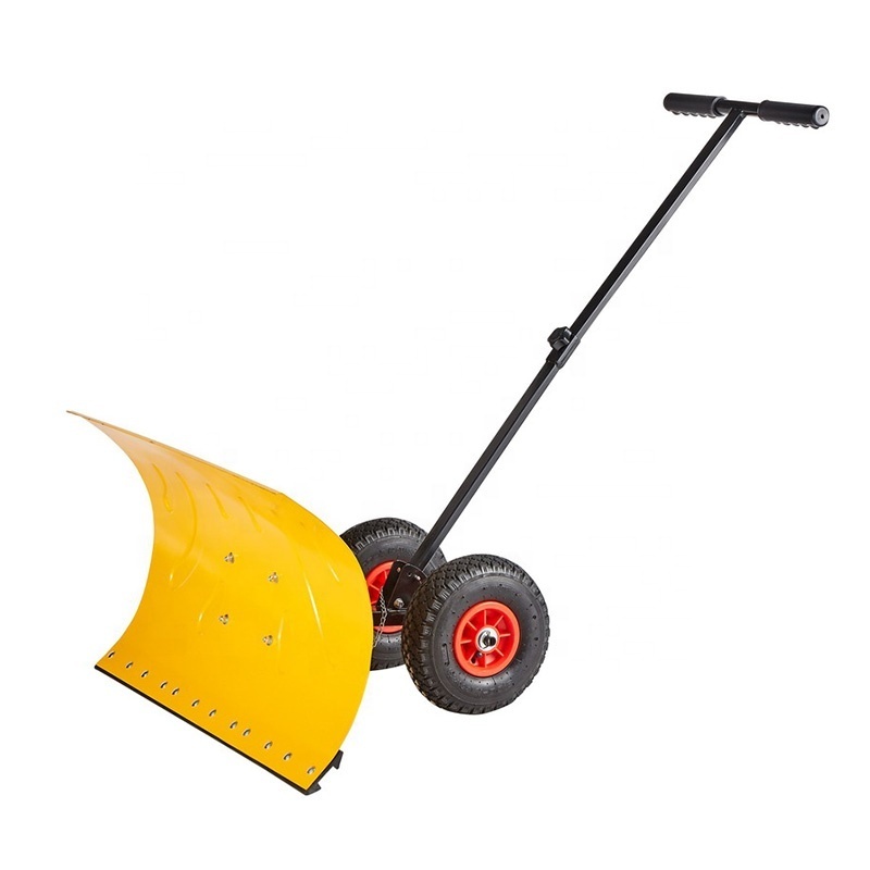 Blade rolling snow pusher shovel with wheels and adjustable handle