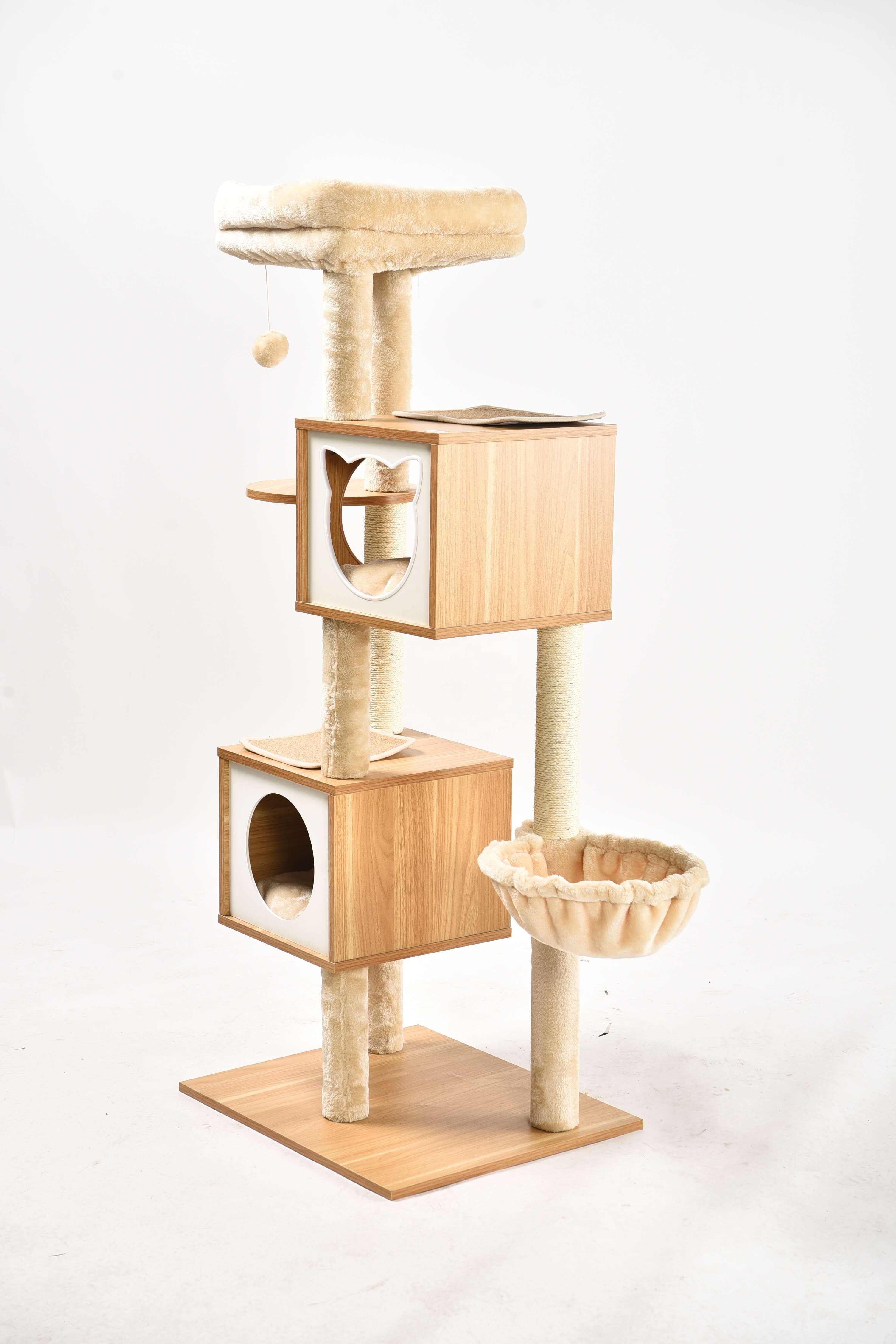 Cat Sleeping Condo Paw Scratch Post Luxury Huge Elegant Wooden Multi-Level Cat Tower Tree