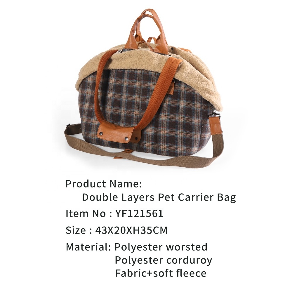 Autumn Winter Warm Classic Plaid Pattern Double Layer Carrying Cat Dog Tote Bag Pet Carrier Bag