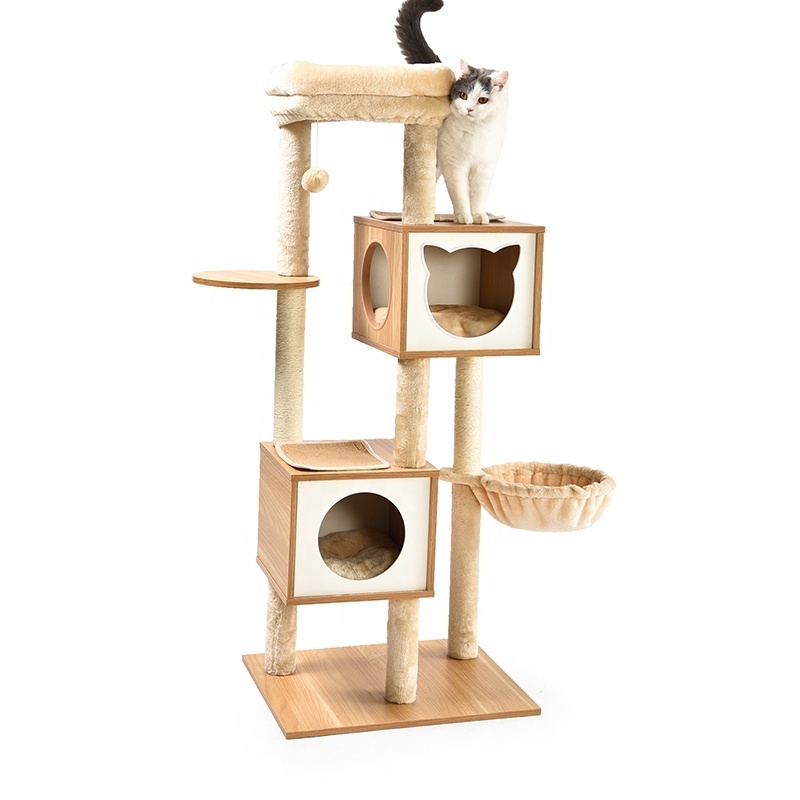 Cat Sleeping Condo Paw Scratch Post Luxury Huge Elegant Wooden Multi-Level Cat Tower Tree