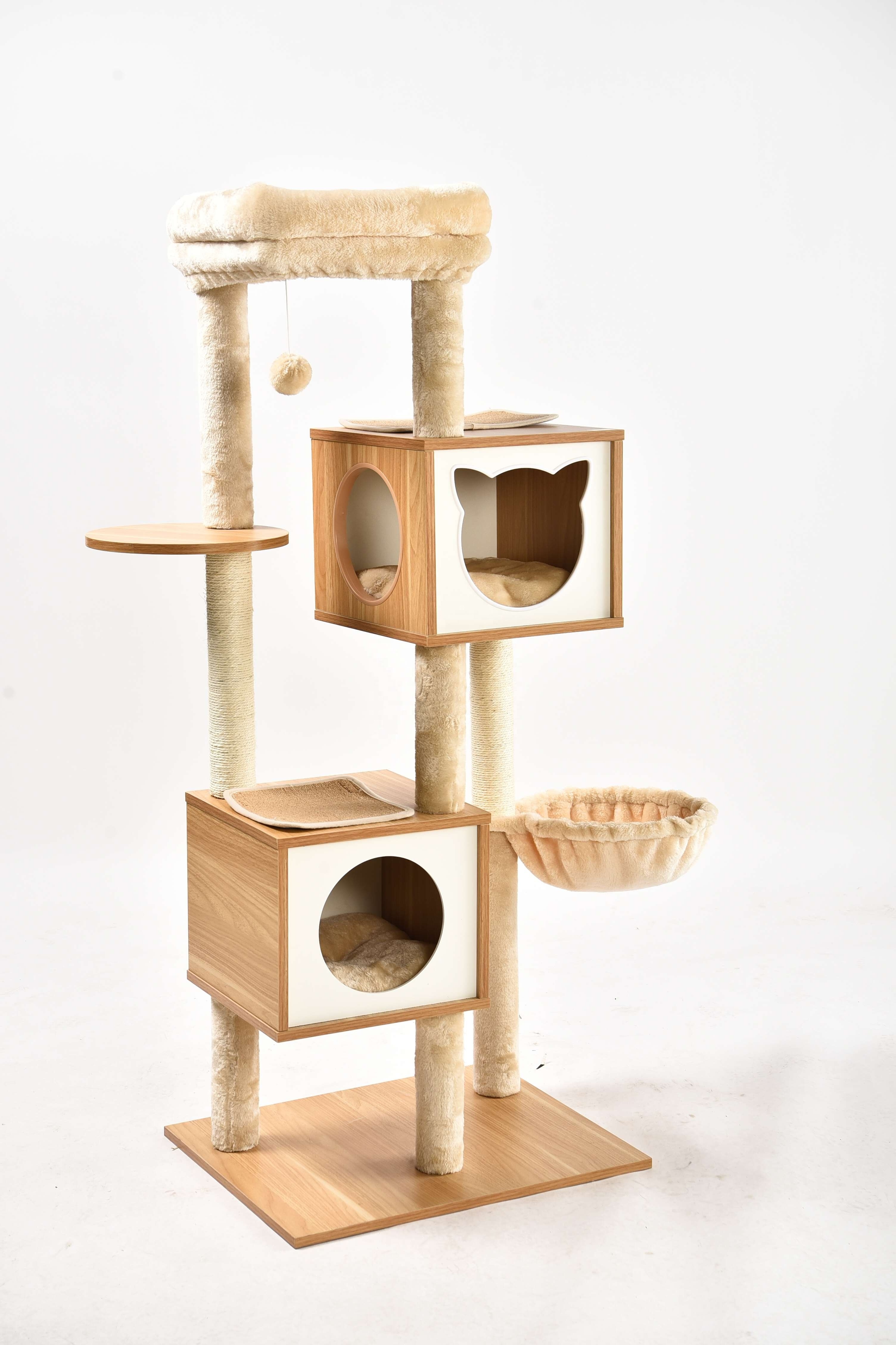 Cat Sleeping Condo Paw Scratch Post Luxury Huge Elegant Wooden Multi-Level Cat Tower Tree