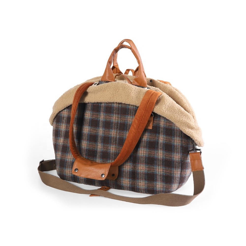 Autumn Winter Warm Classic Plaid Pattern Double Layer Carrying Cat Dog Tote Bag Pet Carrier Bag