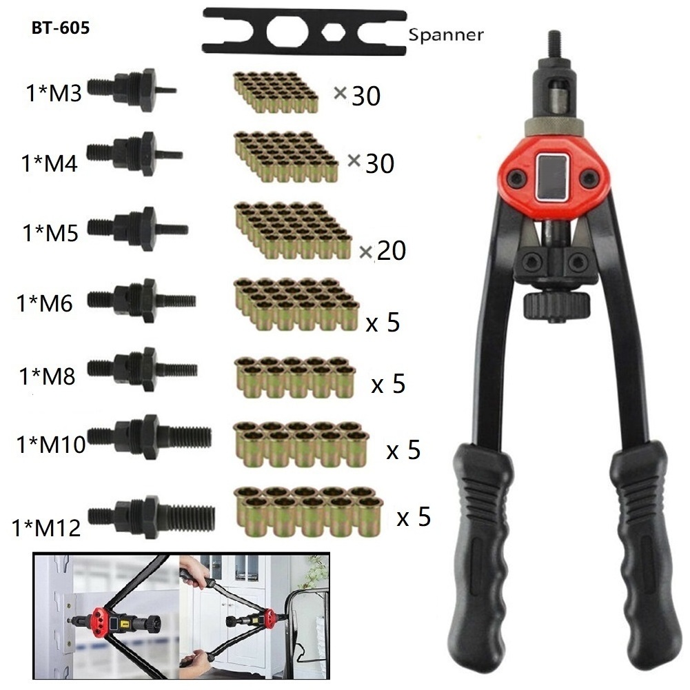 BT-605 100pcs Nut Sets Mandrel M3 - M12 Riveter Guns Rivet Nut Tool Hand Blind Riveting Tools