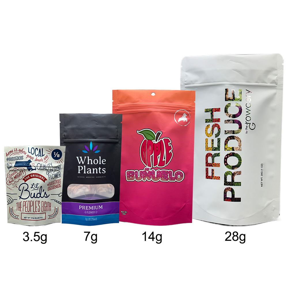 Printed Smell Proof Food Packaging 3.5g 7g 14g 28g Coffee Candy Custom Plastic Zipper Stand Up Pouch Die Cut Mylar Ziplock Bags