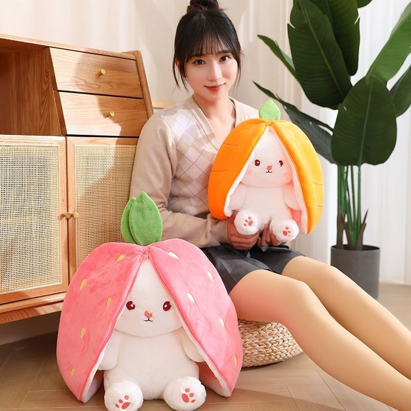 Cute Transformed Pink Strawberry Rabbit Plush Toy Carrot Rabbit Plush Doll White Bunny Transformed Into Fruit Bunny Stuffed Doll