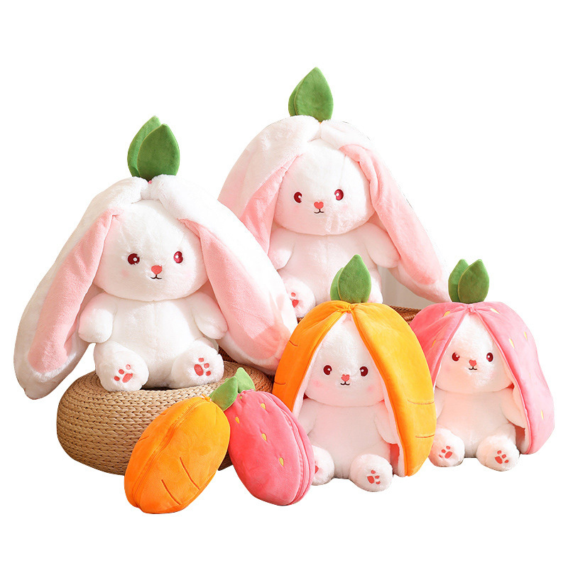 Cute Transformed Pink Strawberry Rabbit Plush Toy Carrot Rabbit Plush Doll White Bunny Transformed Into Fruit Bunny Stuffed Doll