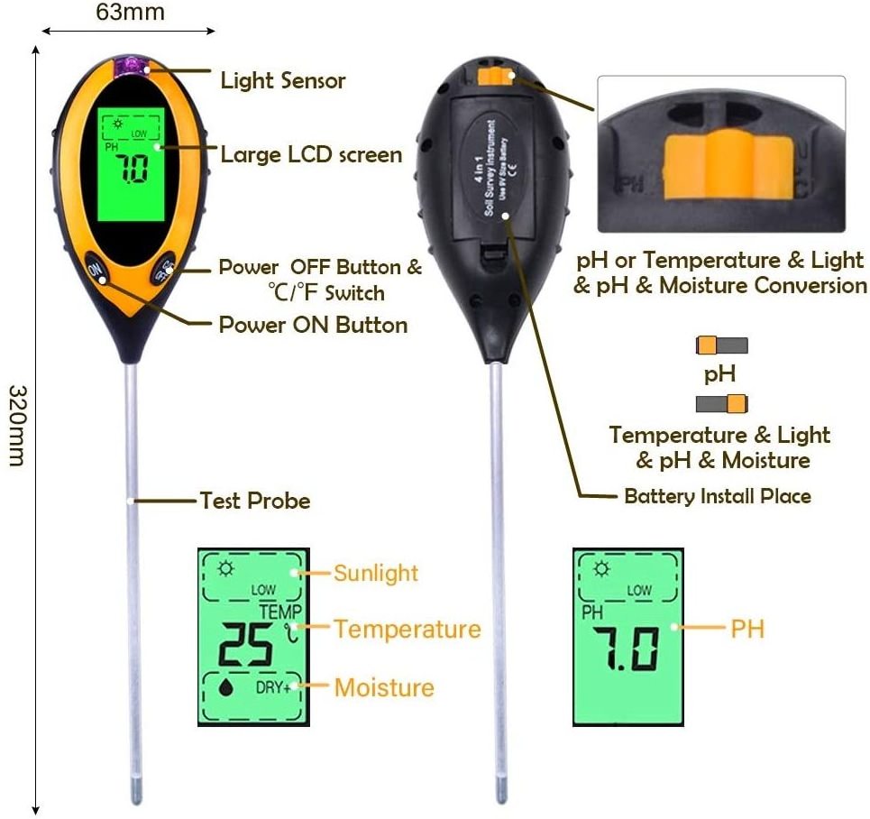 Moisture Meter For Plants Soil Analyzer 4 in 1 With Sunlight Detect Flower Ph Meter Digital Humidity Sensor