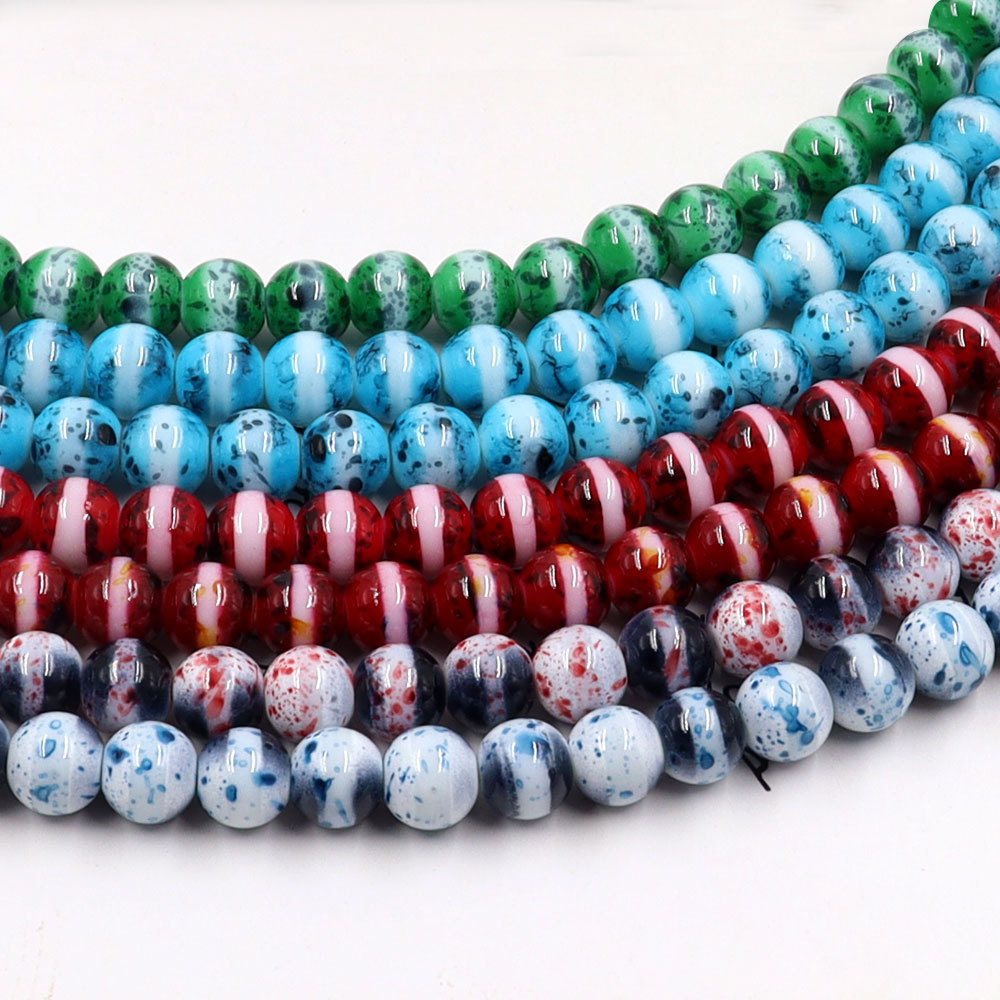 10mm stock glass beads with white band with hole for jewelry making