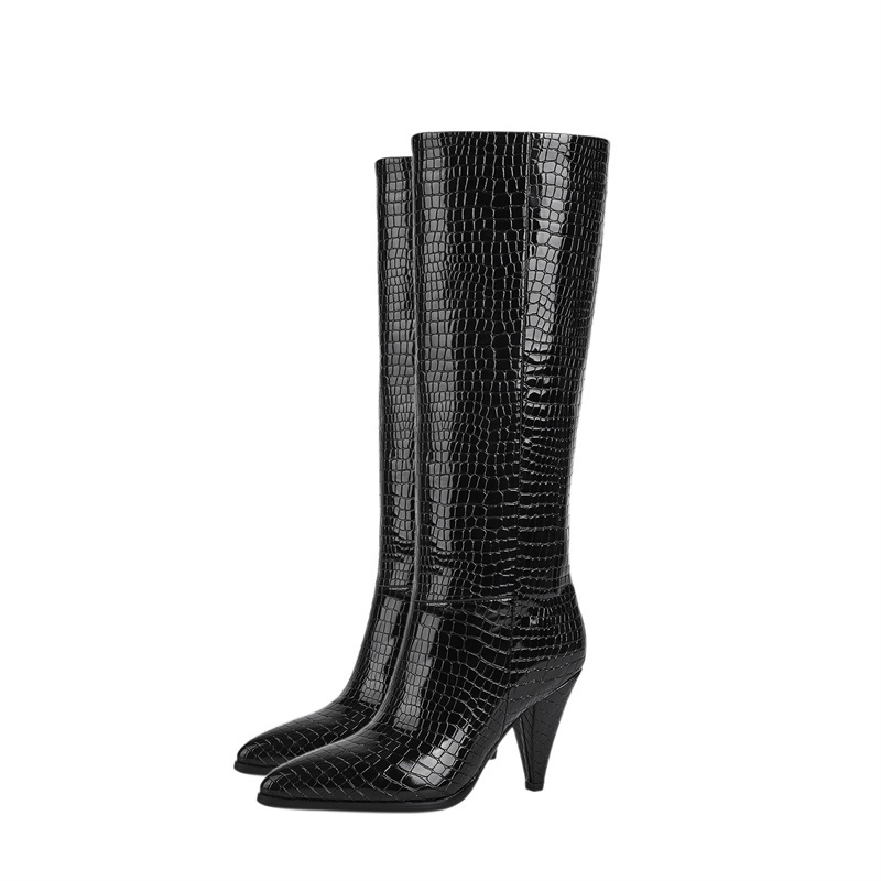 Knee High Chunky Boots Black Crocodile Block Heel Long Tall Boot Ladies Winter Shoes 2024