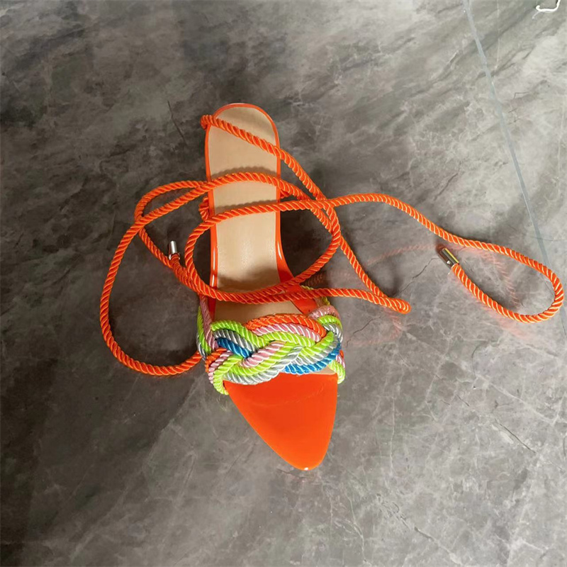 Braided Rope High Heel Sandals Orange Ankle Wrap Pointed Toe Thin Heels Summer Dress Shoes Hollow Multi Colors Party Shoes