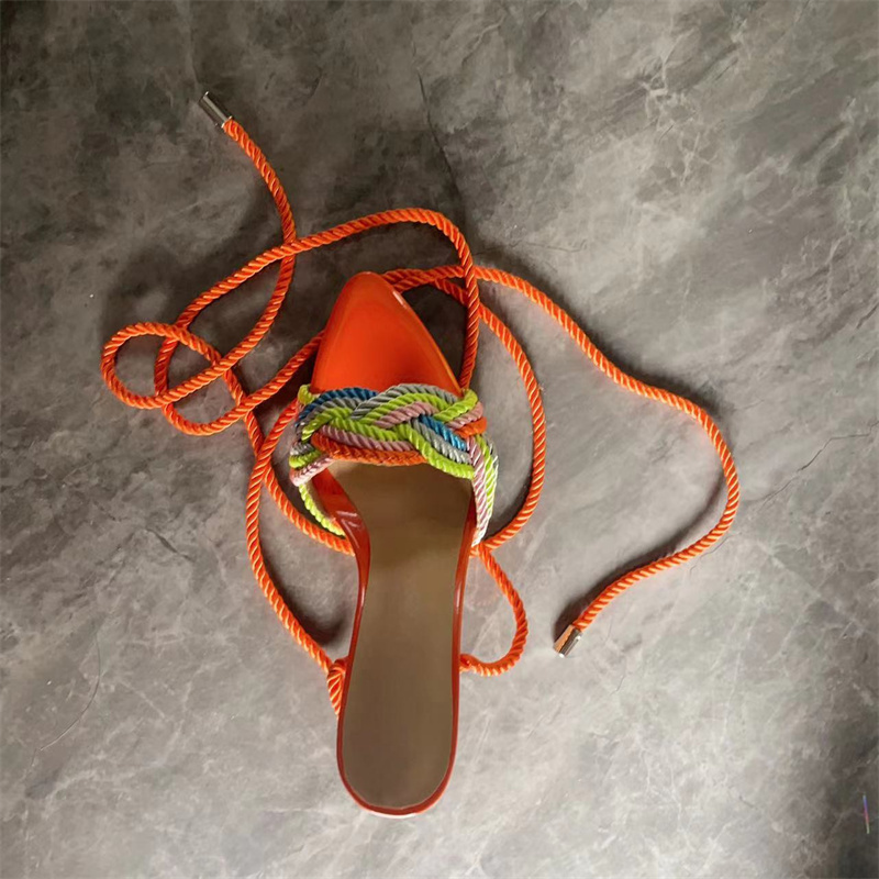 Braided Rope High Heel Sandals Orange Ankle Wrap Pointed Toe Thin Heels Summer Dress Shoes Hollow Multi Colors Party Shoes