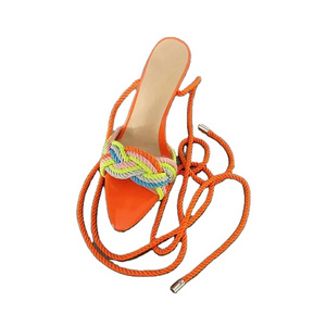 Braided Rope High Heel Sandals Orange Ankle Wrap Pointed Toe Thin Heels Summer Dress Shoes Hollow Multi Colors Party Shoes