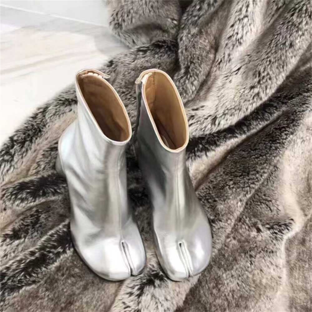 Unique Style Women Split Toe Ankle Boots Genuine Leather Low Chunky Heel Square Toe Woman Medium Heel Short Boots