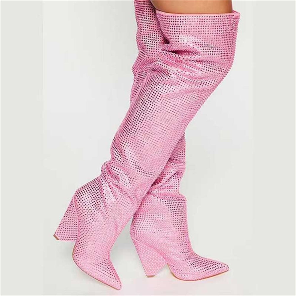 Fashion Design Autumn Stiletto High Heels Shoes Rhinestone Green Sliver Women's Boots Thigh High Boots